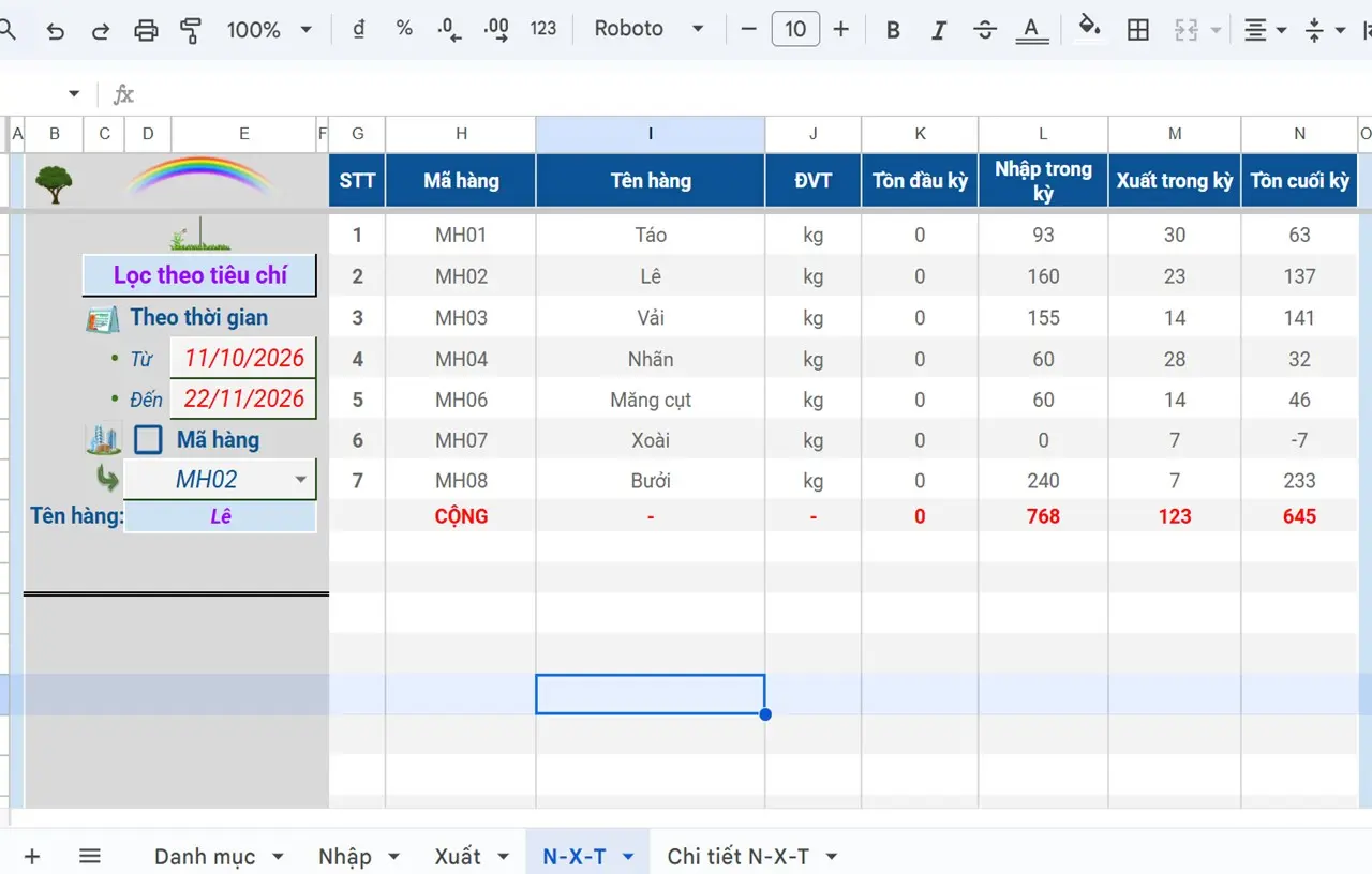 Google Sheets | Báo cáo Nhập Xuất Tồn (v1.0)