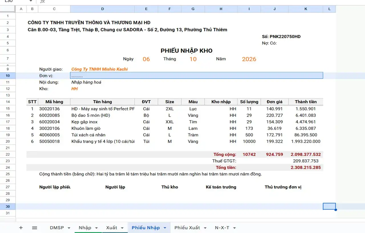 Google Sheets | Báo cáo Nhập Xuất Tồn (v3.0)