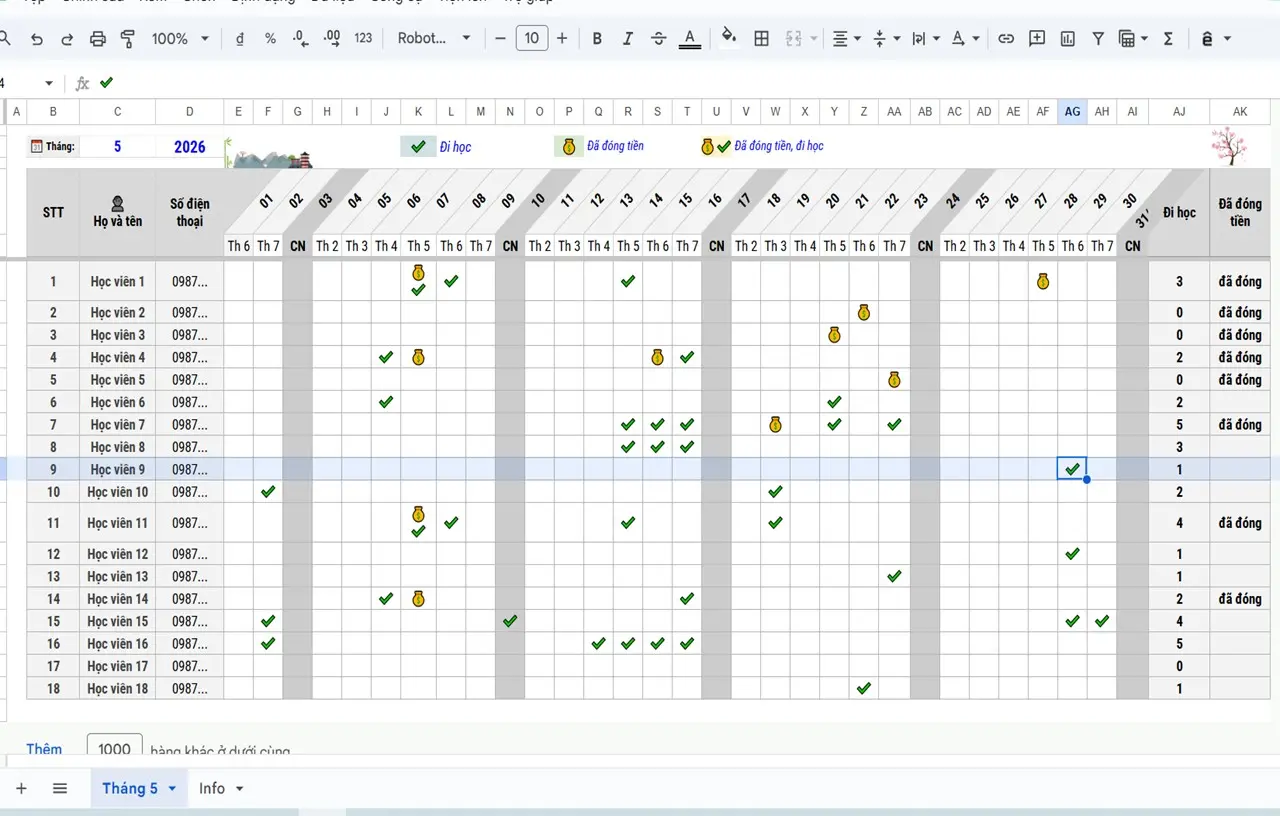Google Sheets | Điểm danh học sinh (v1.0)
