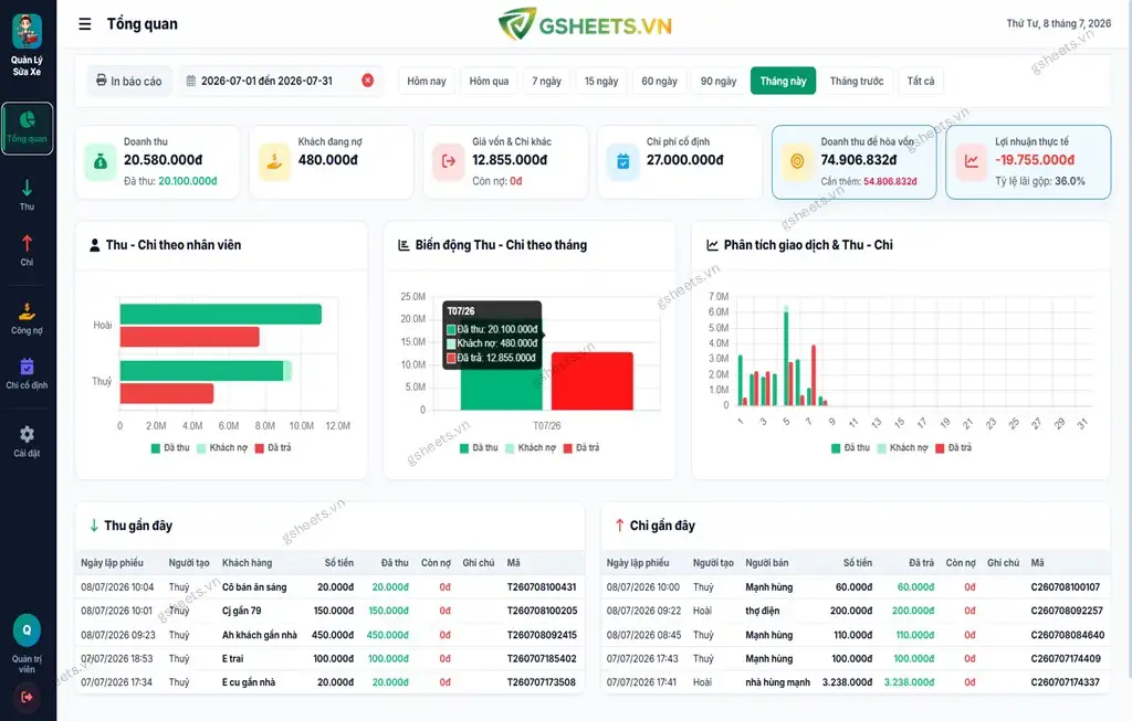Webapp | Quản Lý Thu Chi Tiệm Sửa Xe, Hộ Kinh Doanh (v2.0)