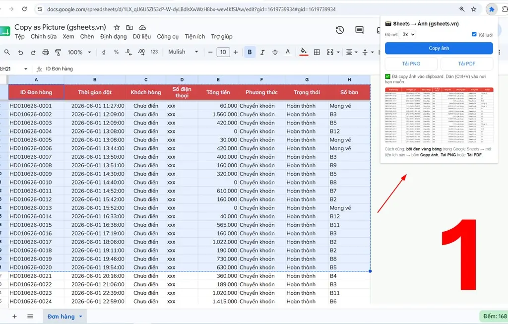 Google Sheets | Chuyển đổi vùng chọn thành Hình ảnh, PDF